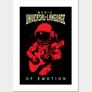 Musician Astronaut playing guitar Retro design : Music is Universal Language of Emotion Posters and Art